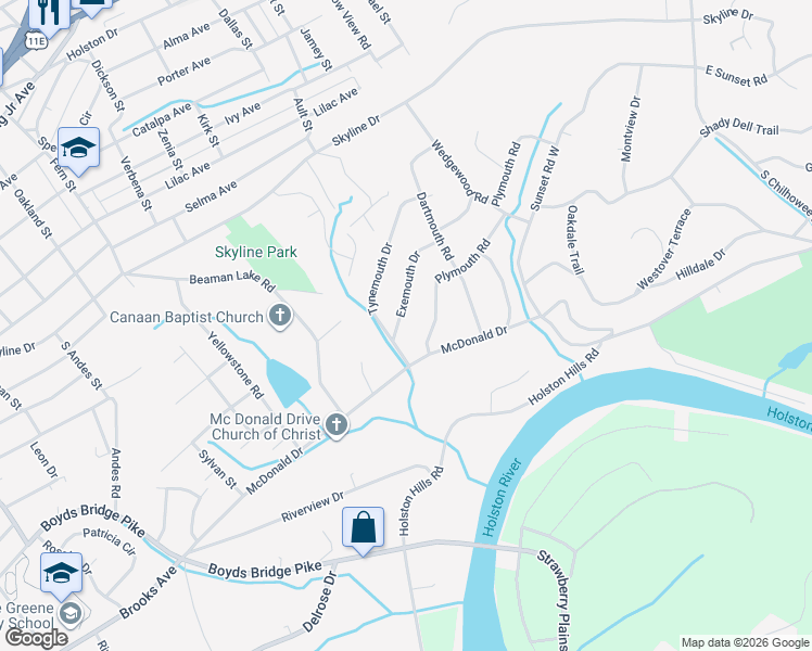 map of restaurants, bars, coffee shops, grocery stores, and more near 4300 Tynemouth Drive in Knoxville
