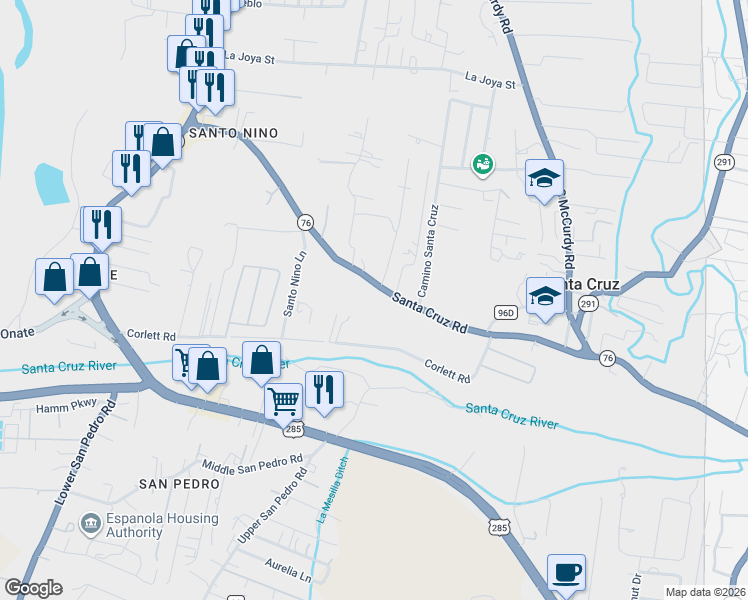 map of restaurants, bars, coffee shops, grocery stores, and more near 1006 Santa Cruz Road in Española