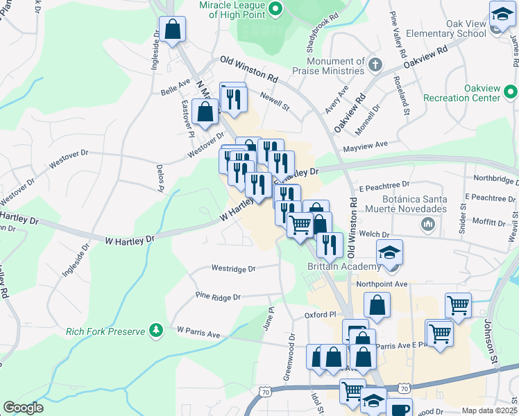 map of restaurants, bars, coffee shops, grocery stores, and more near 2645 North Main Street in High Point