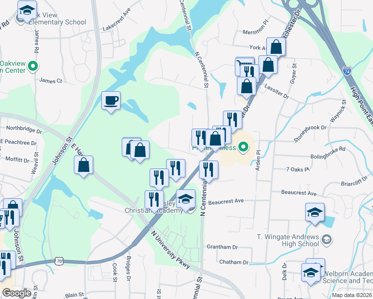 map of restaurants, bars, coffee shops, grocery stores, and more near 510 Jeanette Avenue in High Point