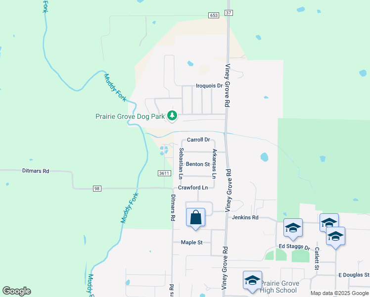 map of restaurants, bars, coffee shops, grocery stores, and more near 860 Benton Street in Prairie Grove