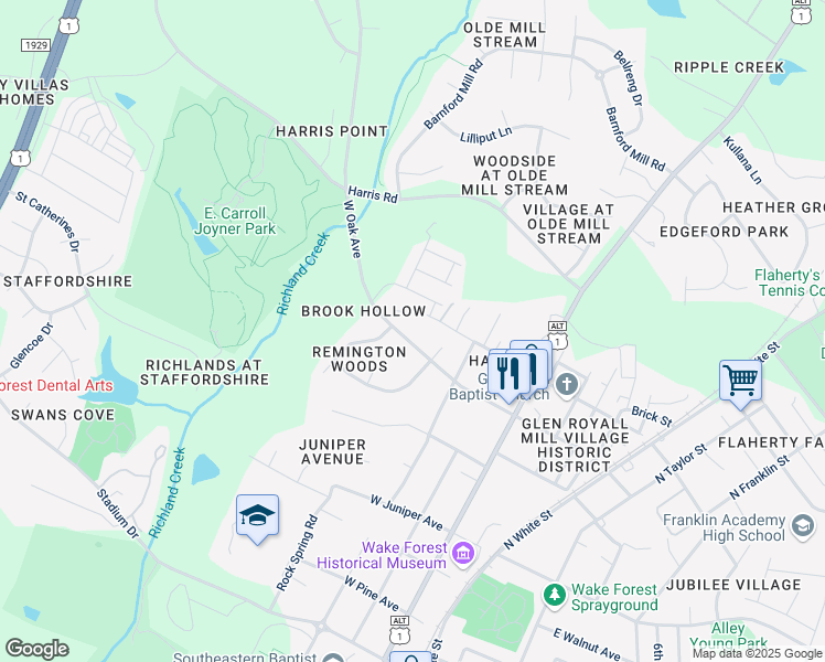 map of restaurants, bars, coffee shops, grocery stores, and more near 353 West Oak Avenue in Wake Forest