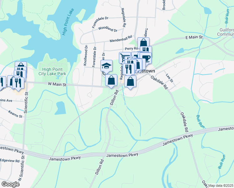 map of restaurants, bars, coffee shops, grocery stores, and more near 104 Ragsdale Road in Jamestown