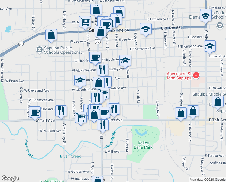 map of restaurants, bars, coffee shops, grocery stores, and more near 617 South Water Street in Sapulpa