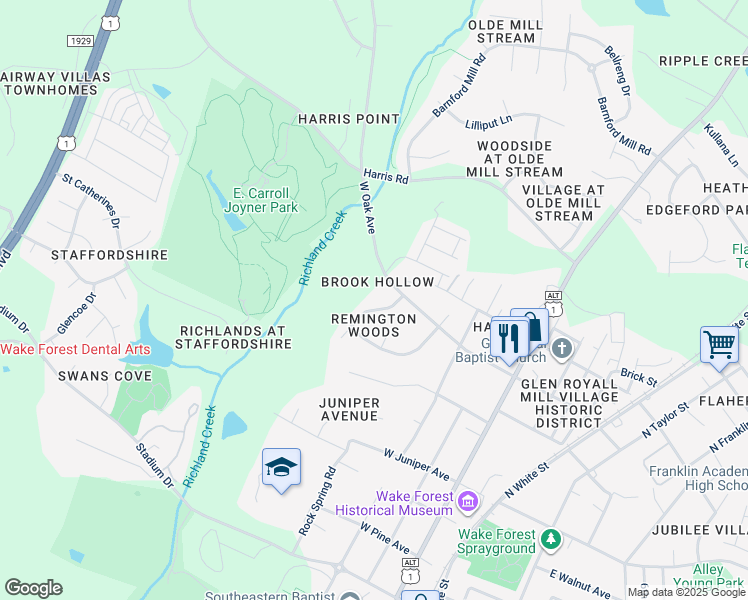 map of restaurants, bars, coffee shops, grocery stores, and more near 106 Remington Woods Drive in Wake Forest
