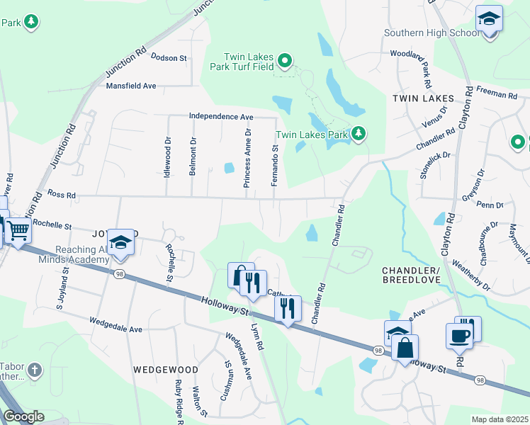map of restaurants, bars, coffee shops, grocery stores, and more near 344 Kilarney Drive in Durham