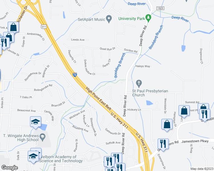 map of restaurants, bars, coffee shops, grocery stores, and more near 2832 WaterStone Loop in High Point