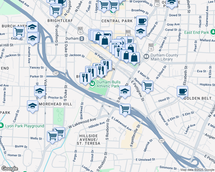 map of restaurants, bars, coffee shops, grocery stores, and more near 512 South Mangum Street in Durham