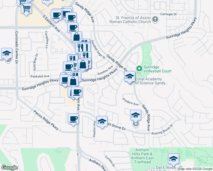 map of restaurants, bars, coffee shops, grocery stores, and more near 984 Blossom Meadows Place in Henderson