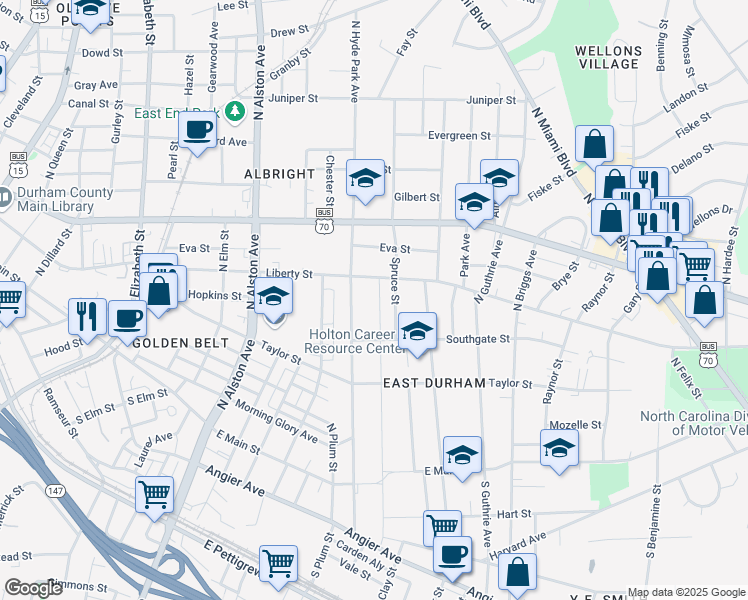 map of restaurants, bars, coffee shops, grocery stores, and more near 605 North Maple Street in Durham