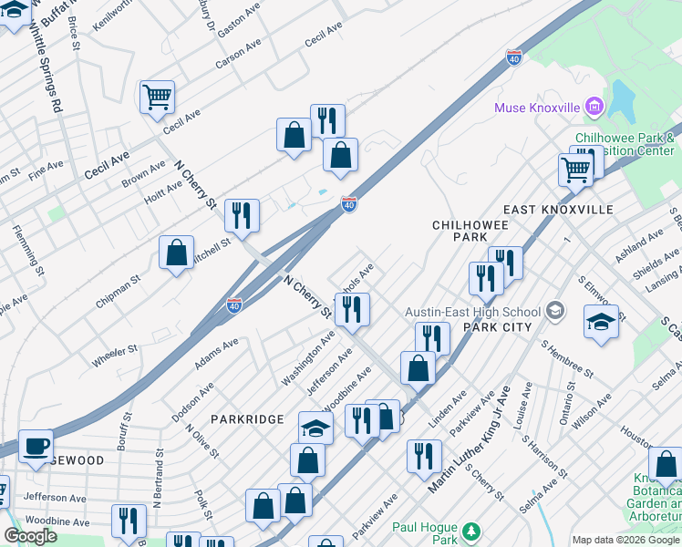 map of restaurants, bars, coffee shops, grocery stores, and more near 2638 Summit Avenue in Knoxville