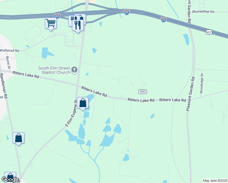 map of restaurants, bars, coffee shops, grocery stores, and more near 4604 Woodhaven Road in Greensboro