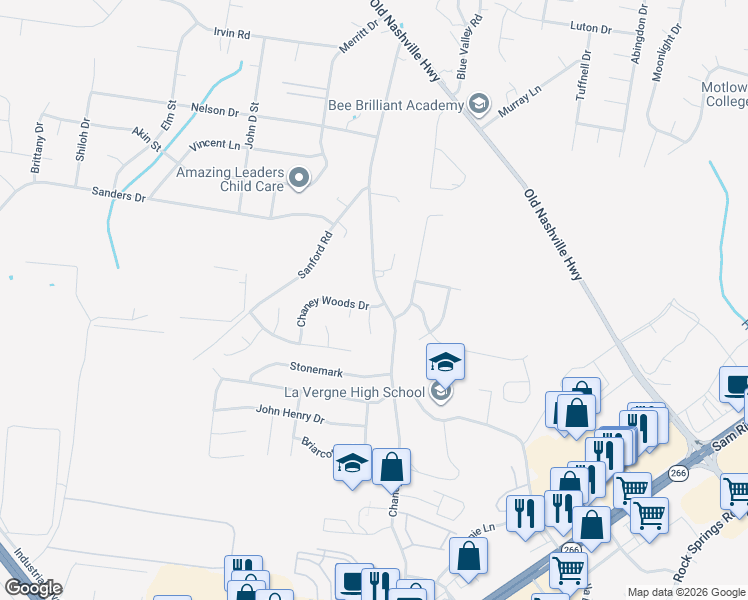 map of restaurants, bars, coffee shops, grocery stores, and more near 800 Chaney Woods Drive in La Vergne