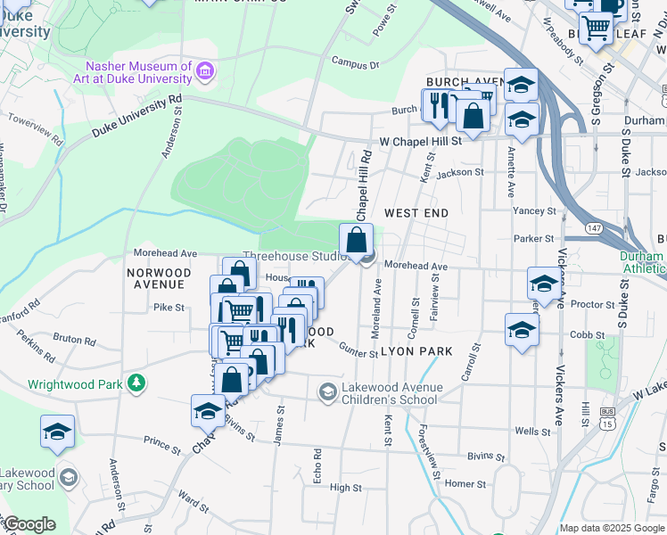 map of restaurants, bars, coffee shops, grocery stores, and more near 1700 Chapel Hill Road in Durham