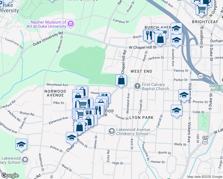 map of restaurants, bars, coffee shops, grocery stores, and more near 1700 Chapel Hill Road in Durham
