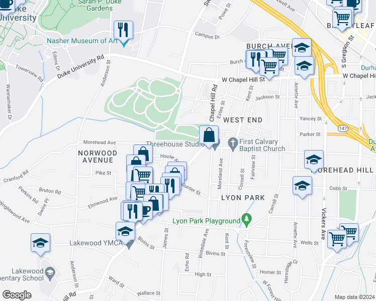 map of restaurants, bars, coffee shops, grocery stores, and more near 1739 Morehead Avenue in Durham