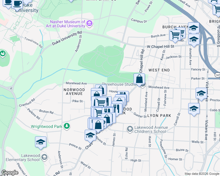 map of restaurants, bars, coffee shops, grocery stores, and more near 1807 Morehead Avenue in Durham