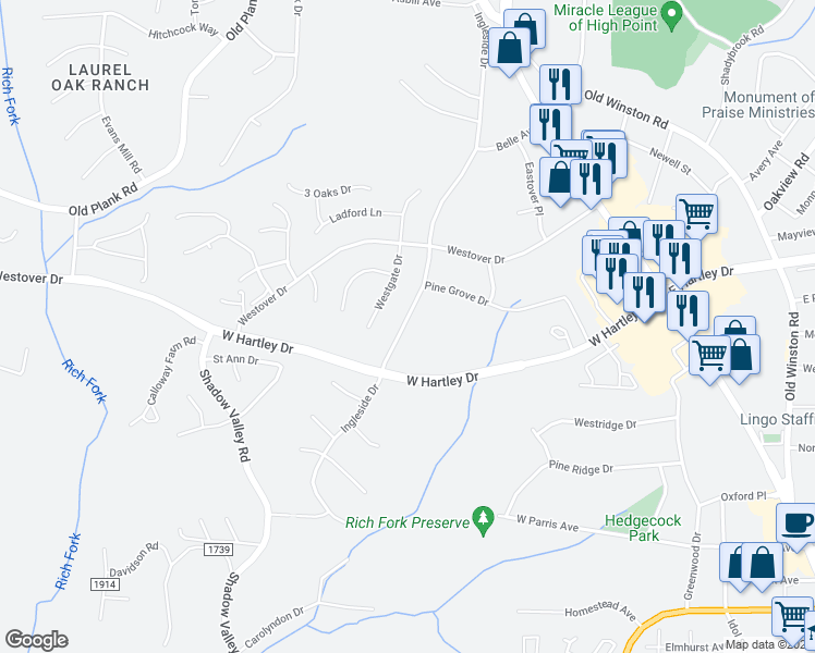 map of restaurants, bars, coffee shops, grocery stores, and more near 2711 Ingleside Drive in High Point