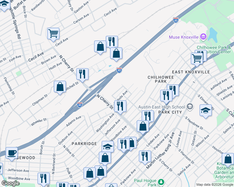 map of restaurants, bars, coffee shops, grocery stores, and more near 2641 Summit Avenue in Knoxville