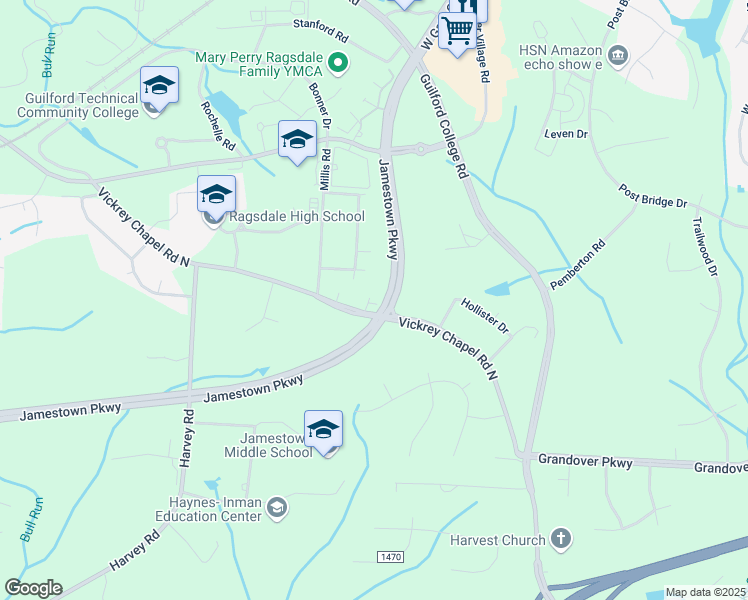map of restaurants, bars, coffee shops, grocery stores, and more near 4609 Vickrey Chapel Road North in Greensboro