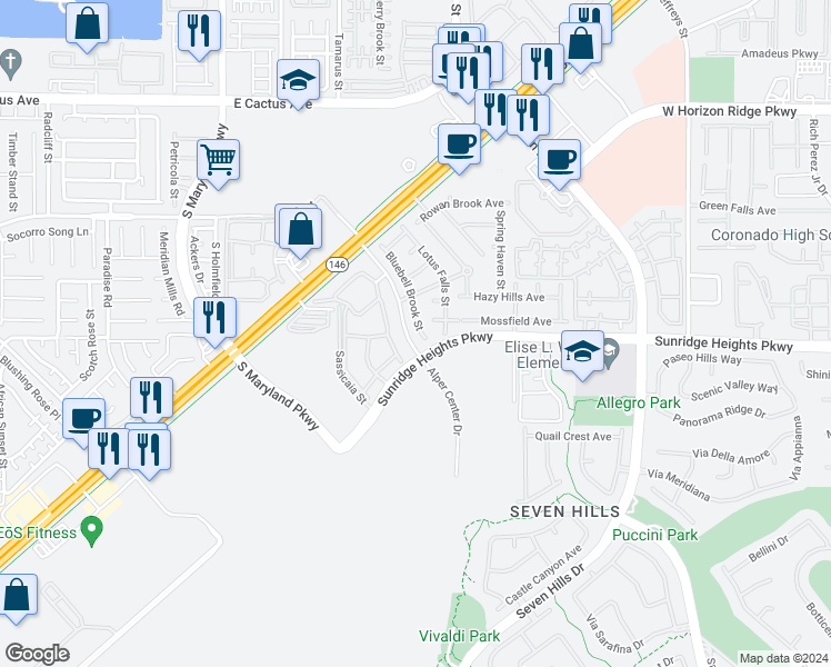 map of restaurants, bars, coffee shops, grocery stores, and more near 1009 Bluebell Brook Street in Henderson