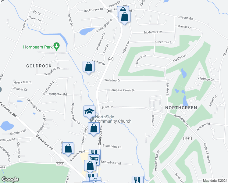 map of restaurants, bars, coffee shops, grocery stores, and more near 1131 Compass Creek Drive in Rocky Mount