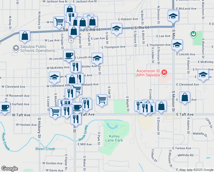 map of restaurants, bars, coffee shops, grocery stores, and more near 305 East Cleveland Avenue in Sapulpa