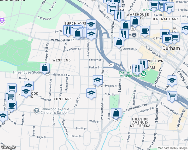 map of restaurants, bars, coffee shops, grocery stores, and more near 916 Shepherd Street in Durham