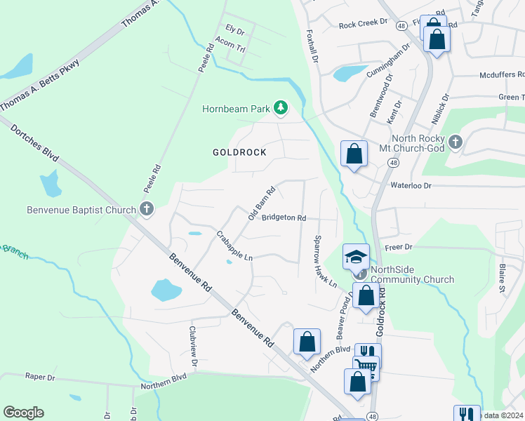 map of restaurants, bars, coffee shops, grocery stores, and more near 1705 Old Barn Road in Rocky Mount