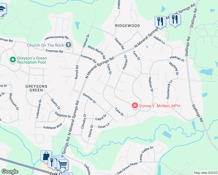 map of restaurants, bars, coffee shops, grocery stores, and more near 3901 Tyne Drive in Durham