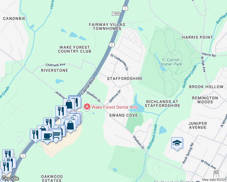map of restaurants, bars, coffee shops, grocery stores, and more near 404 Kilmarnock Court in Wake Forest