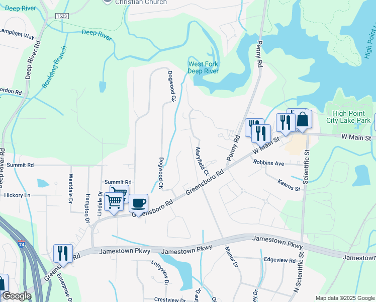 map of restaurants, bars, coffee shops, grocery stores, and more near 1041 Manor Drive in High Point