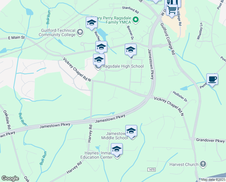 map of restaurants, bars, coffee shops, grocery stores, and more near 4704 Clifton Park Drive in Jamestown