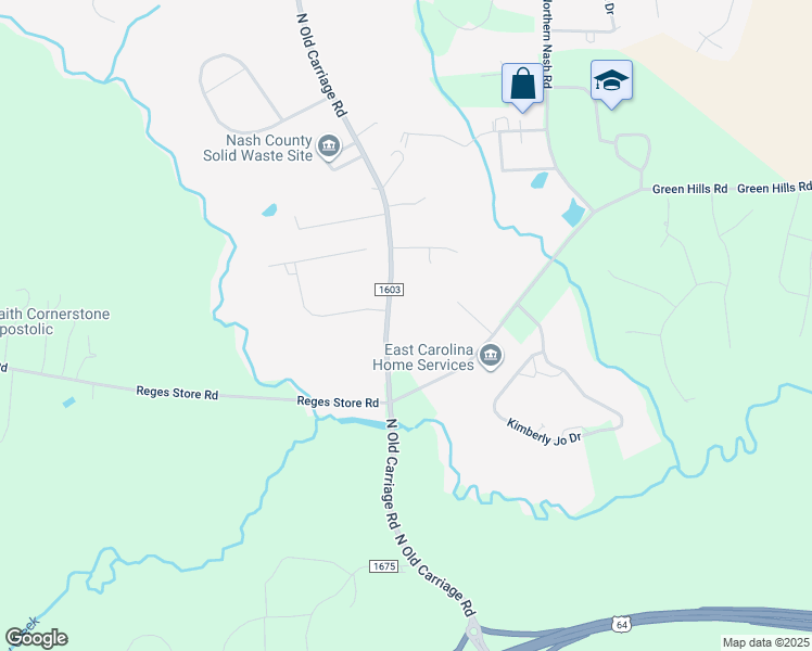 map of restaurants, bars, coffee shops, grocery stores, and more near 1605 North Old Carriage Road in Rocky Mount