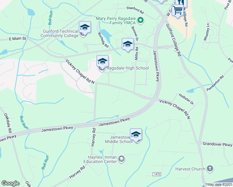map of restaurants, bars, coffee shops, grocery stores, and more near 4704 Clifton Park Drive in Jamestown