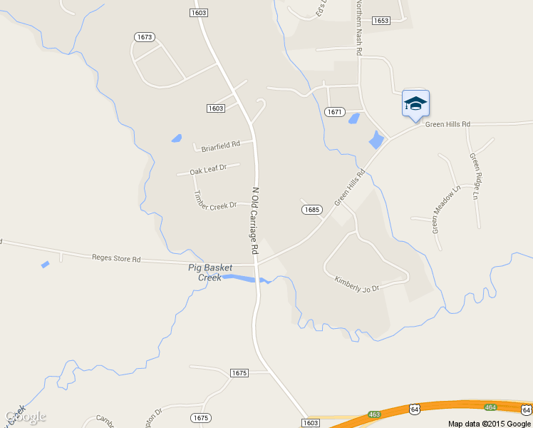 map of restaurants, bars, coffee shops, grocery stores, and more near 1605 North Old Carriage Road in Rocky Mount