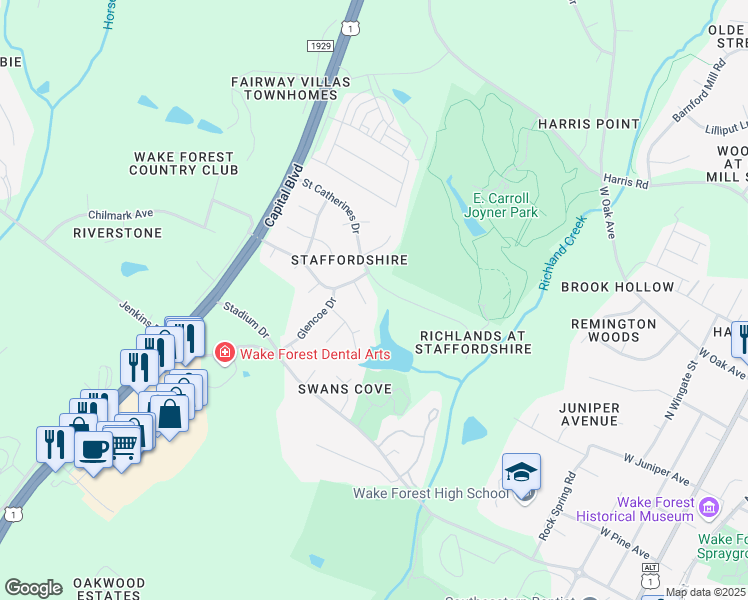 map of restaurants, bars, coffee shops, grocery stores, and more near 406 Belmellen Court in Wake Forest