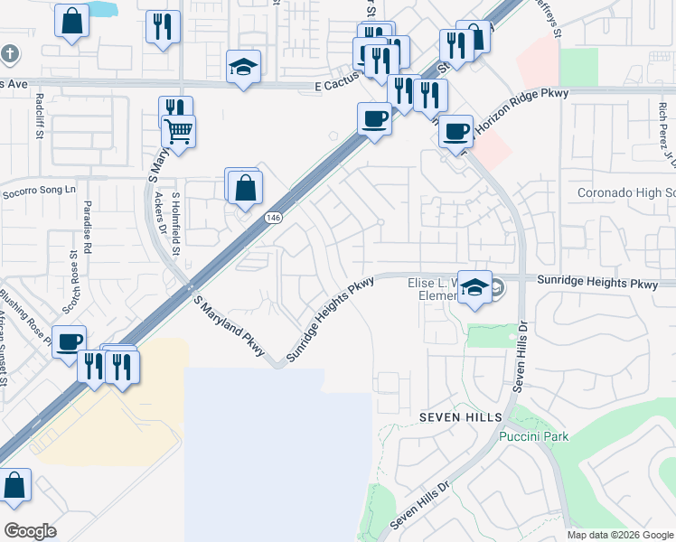 map of restaurants, bars, coffee shops, grocery stores, and more near 985 Bluebell Brook Street in Henderson