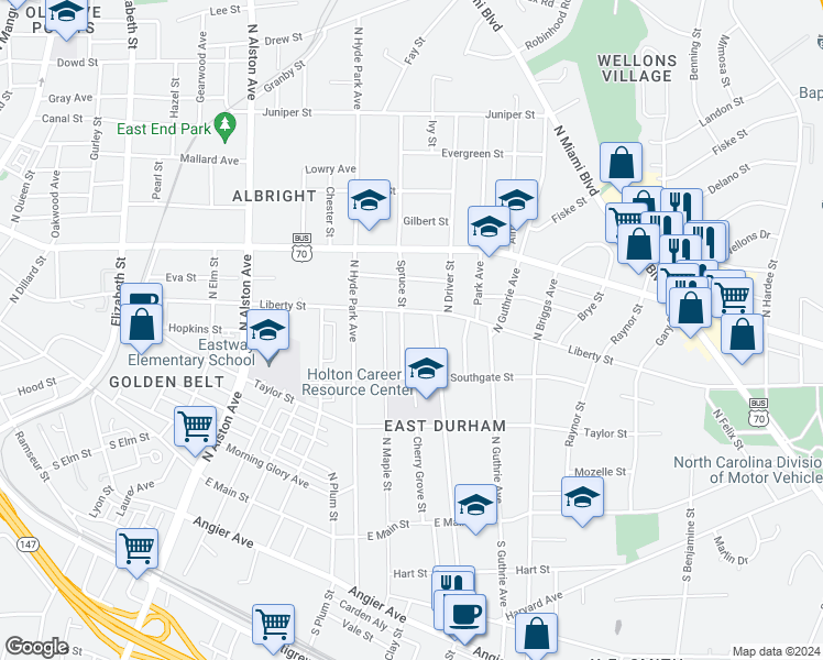 map of restaurants, bars, coffee shops, grocery stores, and more near 705 North Driver Street in Durham