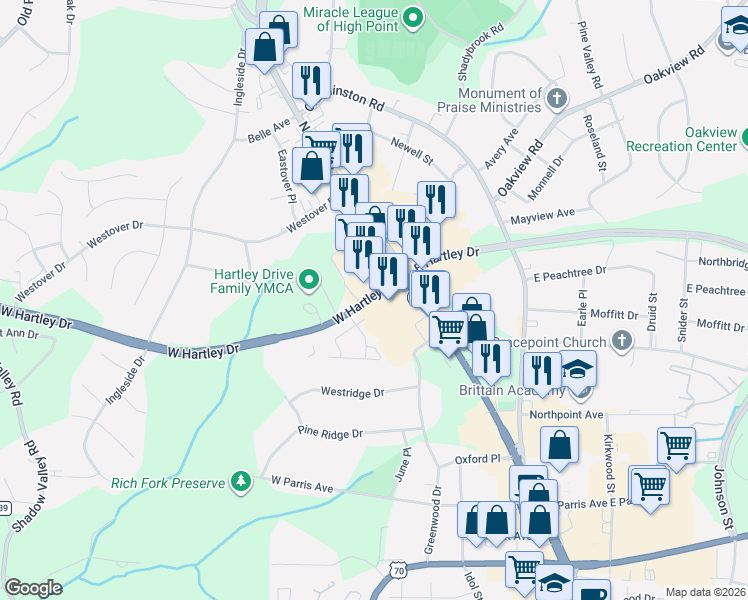 map of restaurants, bars, coffee shops, grocery stores, and more near 2701 North Main Street in High Point