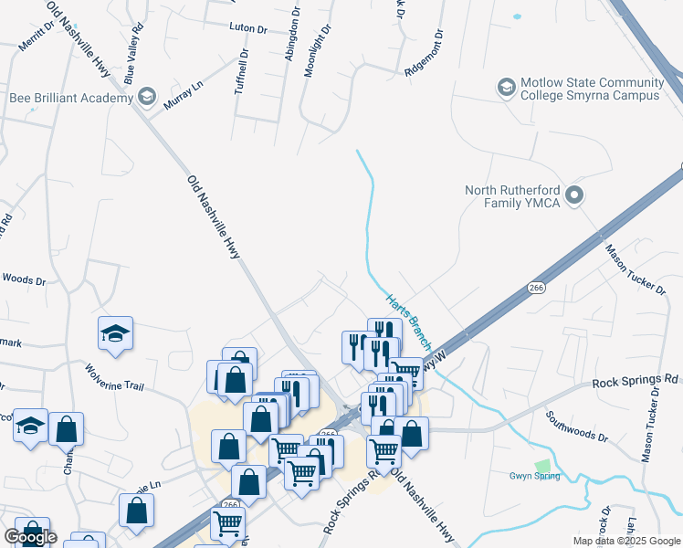 map of restaurants, bars, coffee shops, grocery stores, and more near 671 Old Nashville Highway in La Vergne