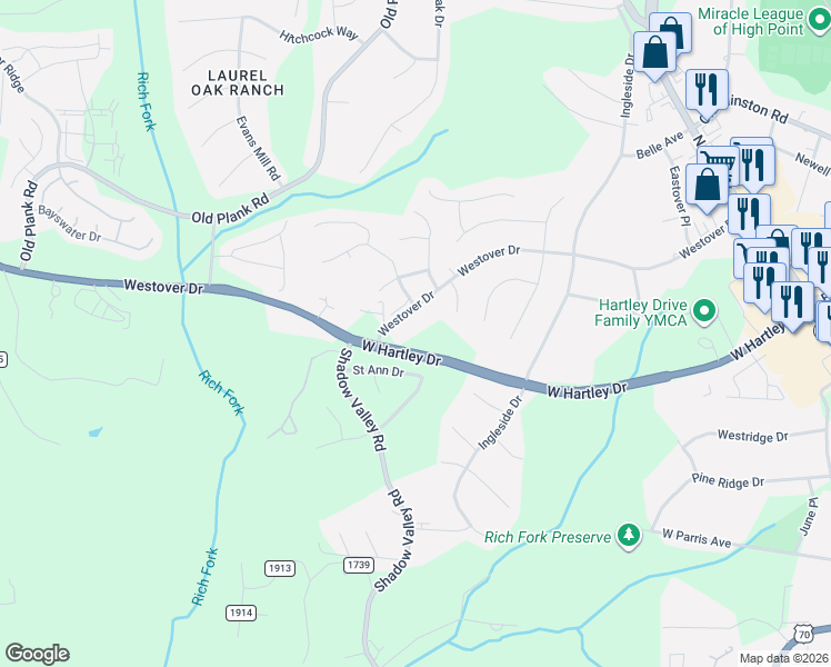 map of restaurants, bars, coffee shops, grocery stores, and more near 2703-2705 Embers Court in High Point