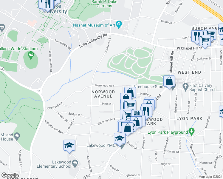 map of restaurants, bars, coffee shops, grocery stores, and more near 2209 Morehead Avenue in Durham