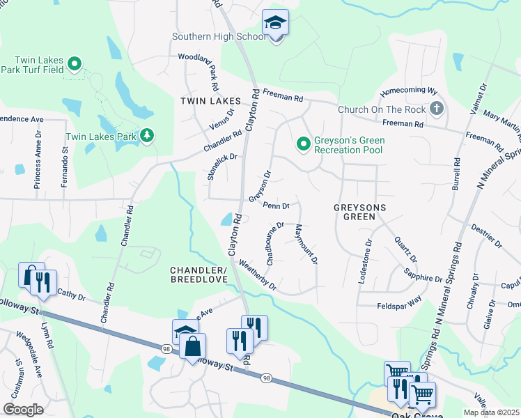 map of restaurants, bars, coffee shops, grocery stores, and more near 3504 Penn Drive in Durham