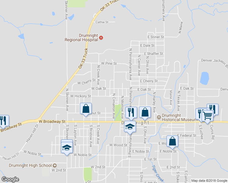 map of restaurants, bars, coffee shops, grocery stores, and more near 499 North Cimarron Avenue in Drumright