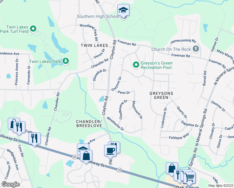 map of restaurants, bars, coffee shops, grocery stores, and more near 3504 Penn Drive in Durham