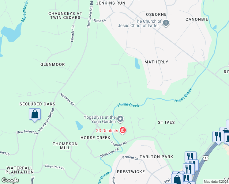 map of restaurants, bars, coffee shops, grocery stores, and more near 2401 Kearney Road in Wake Forest