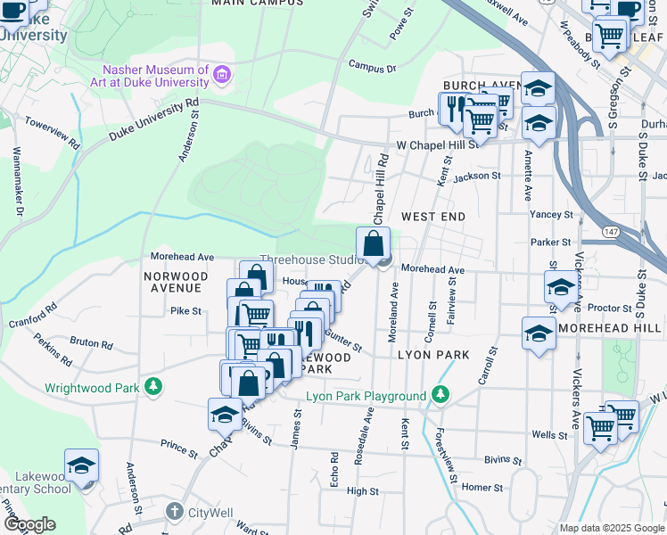 map of restaurants, bars, coffee shops, grocery stores, and more near 1733 Morehead Avenue in Durham