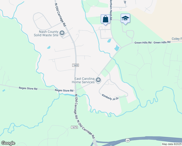 map of restaurants, bars, coffee shops, grocery stores, and more near 1578 Trailwood Drive in Rocky Mount