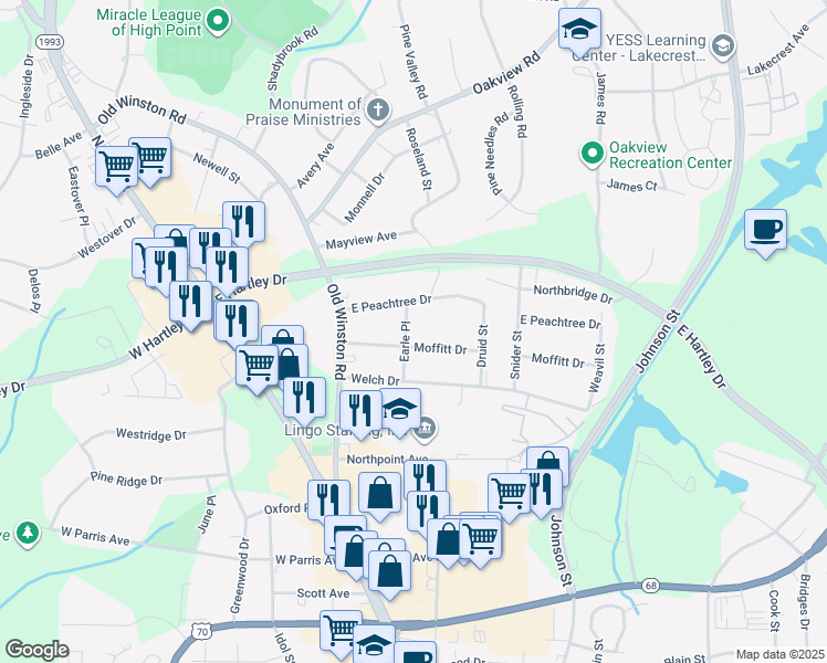 map of restaurants, bars, coffee shops, grocery stores, and more near 304 Earle Place in High Point